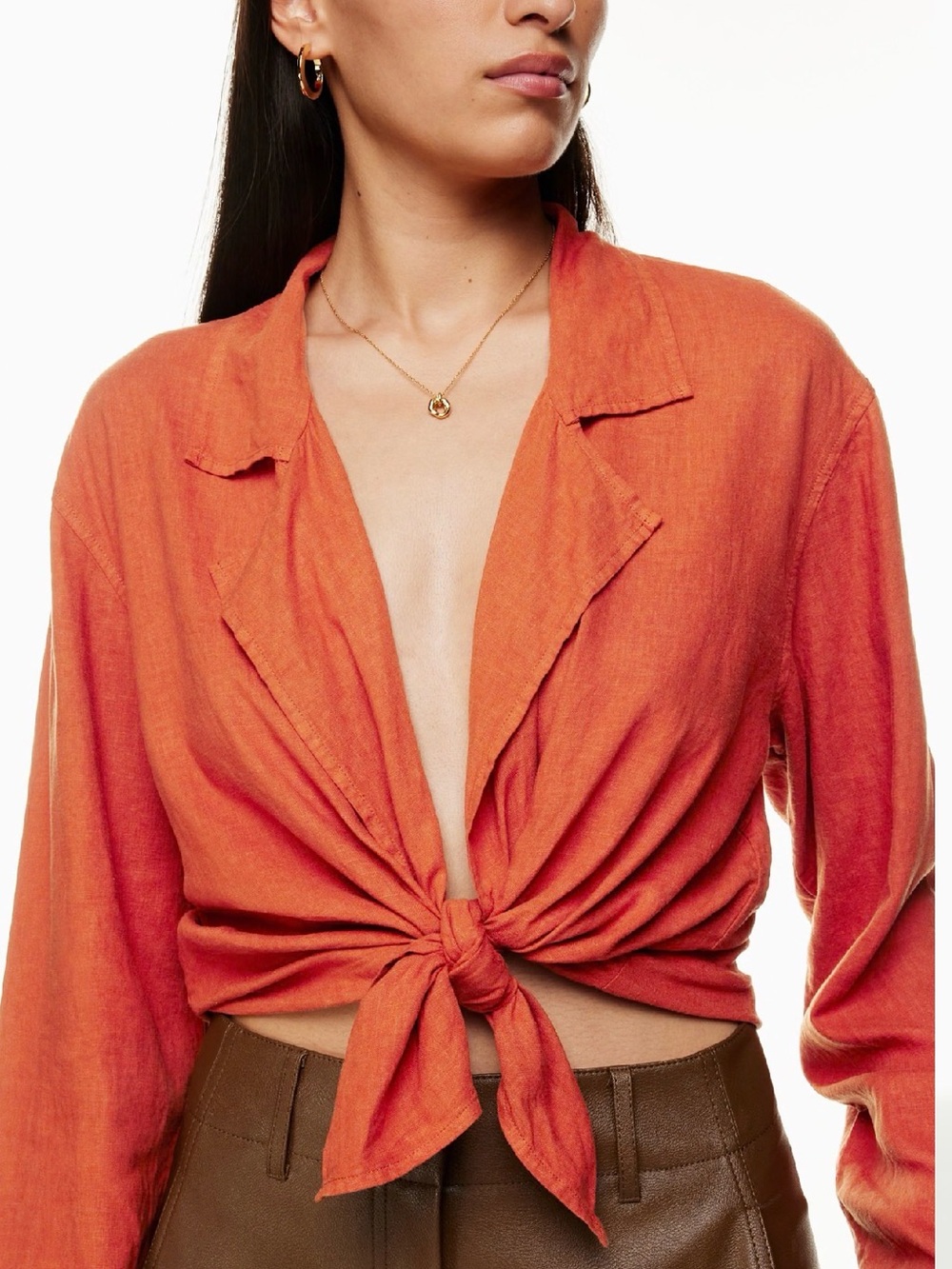 Aritzia Wilfred Free Aperitif Linen Blouse Tie Front Long Sleeve Copper Red Fall